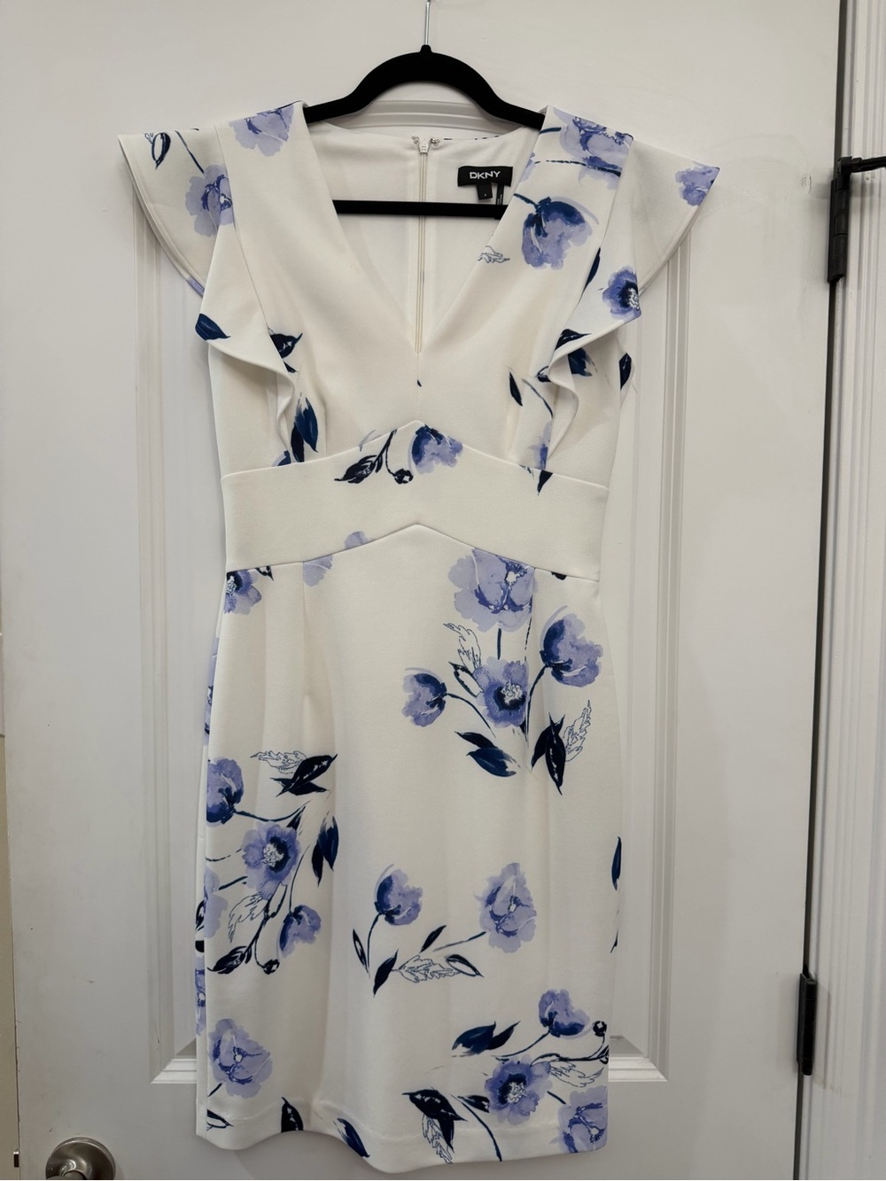 DKNY Floral Ruffle Sleeve White & Blue Dress